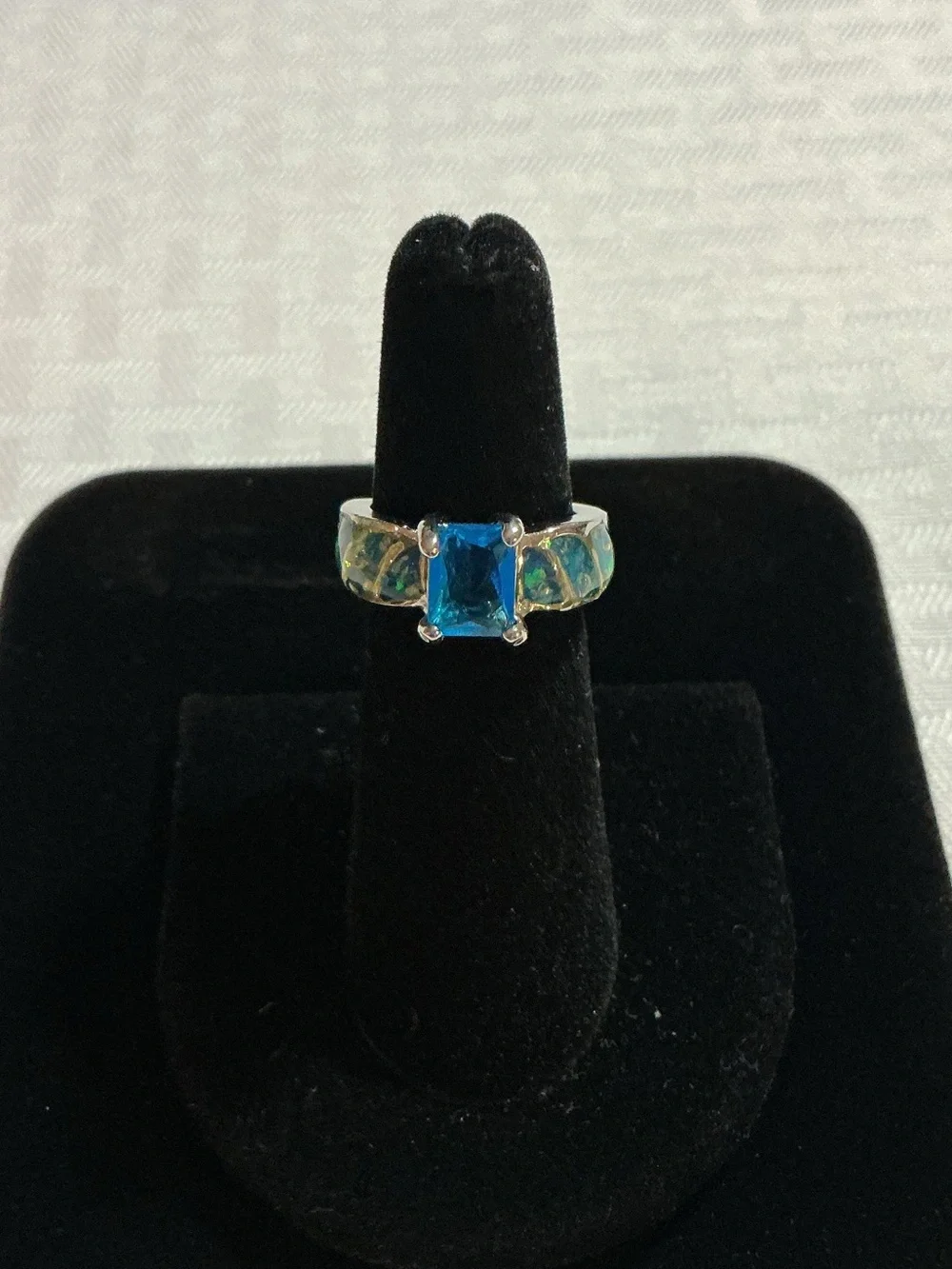 Aqua Blue Princess Cut Cubic Zirconia with Mosaic Enamel Inlay Silver Tone Ring